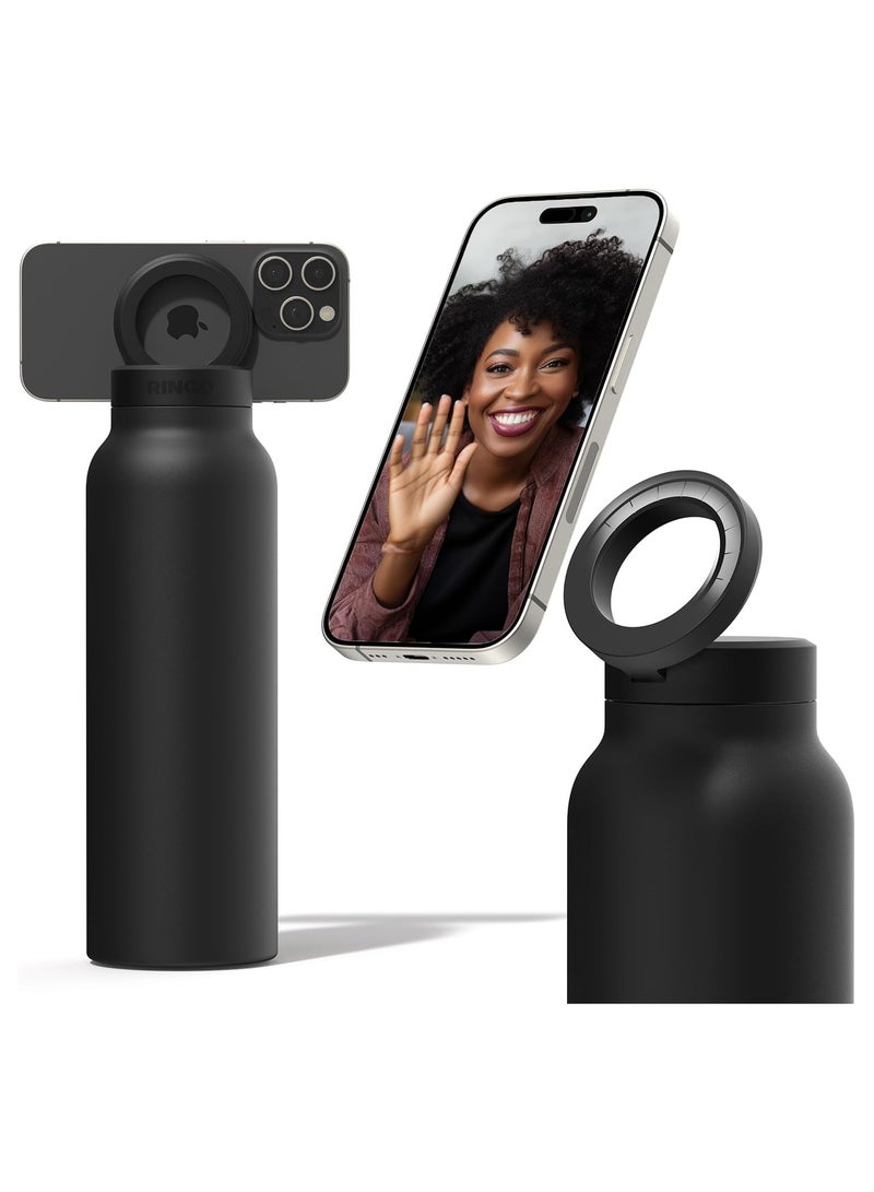 Raxoom Tripod Insulated Water Bottle for iPhone with Magnetic Phone Mount Stainless Steel Water Bottle with Tripod Phone Holder Perfect for Gym & Travel | Hot 12H, Cold 24H, 360° Rotate | Black 24oz - Image 1