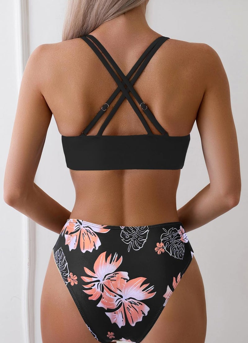 Tainehs Women's Push Up V Neck Bikini Sets Criss Cross Back Two Piece Bathing Suit Black Floral - Image 2