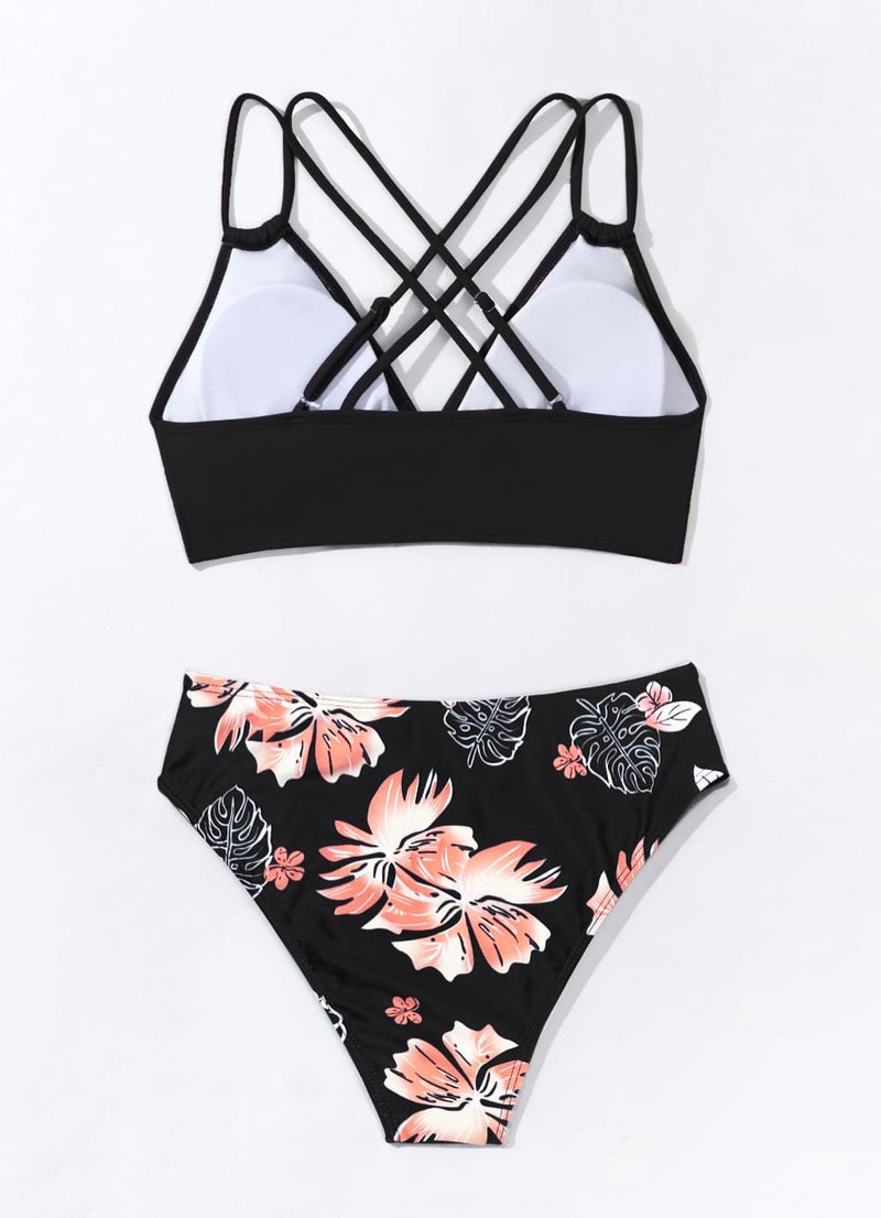 Tainehs Women's Push Up V Neck Bikini Sets Criss Cross Back Two Piece Bathing Suit Black Floral - Image 4