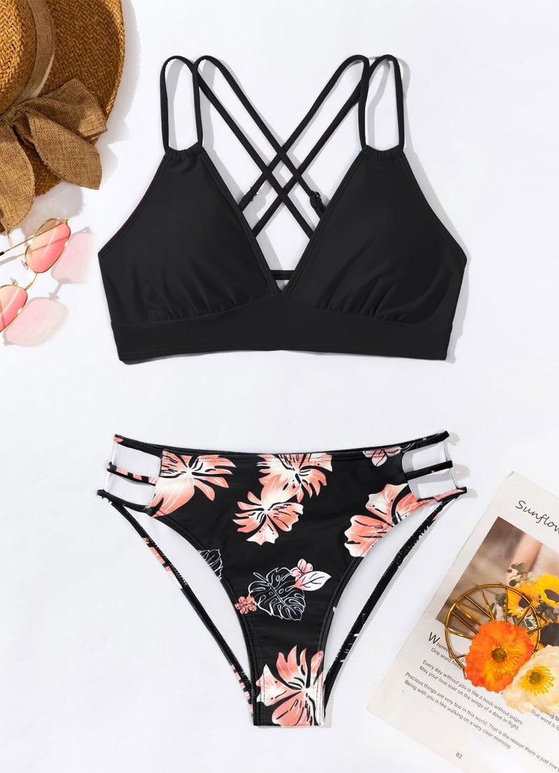 Tainehs Women's Push Up V Neck Bikini Sets Criss Cross Back Two Piece Bathing Suit Black Floral - Image 3