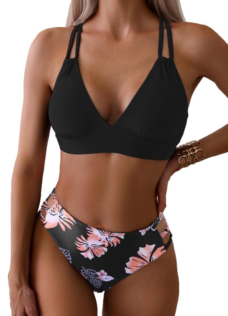 Tainehs Women's Push Up V Neck Bikini Sets Criss Cross Back Two Piece Bathing Suit Black Floral - Image 1