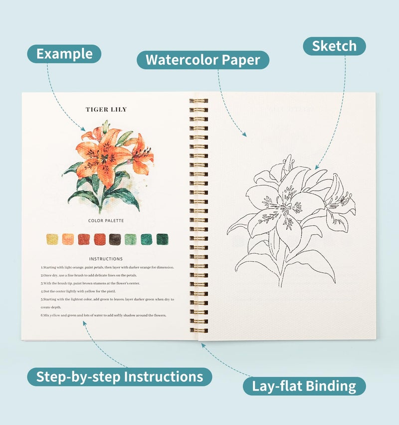 Joyask Watercolor Workbook, Water Coloring Book, 12 Different Patterns of Original DIY Designs, 50 Colors Watercolor Paint Set with Palette and Brush, Beginner-Friendly Watercolor Workbooks (Bouquets) - Image 4