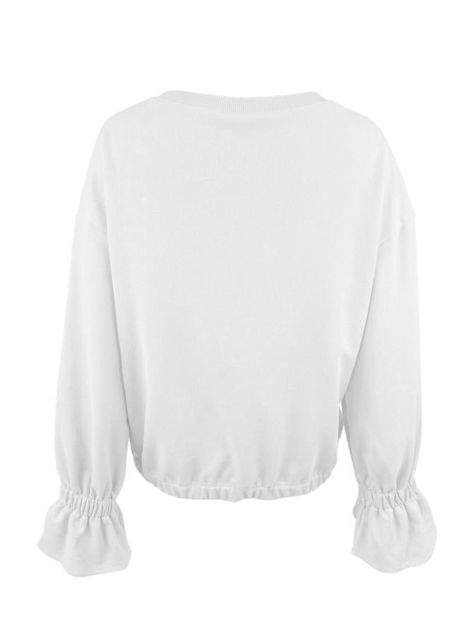 PRETTODAY Women's Casual Crew Neck Sweatshirt Long Sleeve Ruched Solid Loose Fitting Pullover Tops, White, XL - Image 3