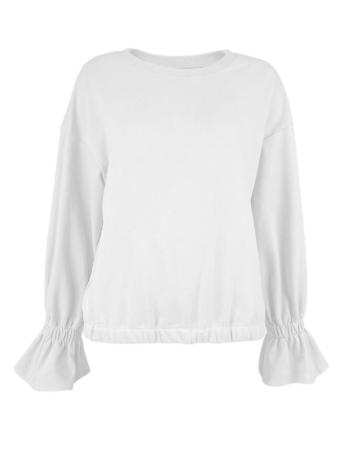 PRETTODAY Women's Casual Crew Neck Sweatshirt Long Sleeve Ruched Solid Loose Fitting Pullover Tops, White, XL - Image 2