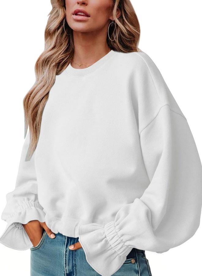PRETTODAY Women's Casual Crew Neck Sweatshirt Long Sleeve Ruched Solid Loose Fitting Pullover Tops, White, XL - Image 1