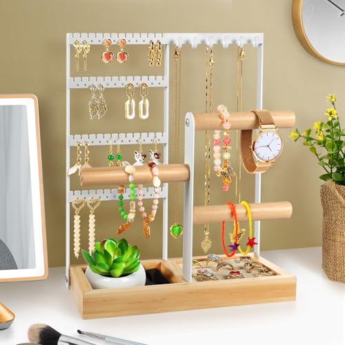 Godboat Jewelry Organizer, 4-Tier Earring Holder Organizer with 48 Holes, 6 Hooks Necklace Rack, Bracelet and Ring Stand with Wood Box, Gifts for Mothers Mom Women, Preppy Stuff & Room Decor, (White) - Image 3