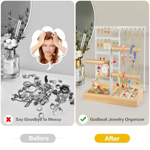 Godboat Jewelry Organizer, 4-Tier Earring Holder Organizer with 48 Holes, 6 Hooks Necklace Rack, Bracelet and Ring Stand with Wood Box, Gifts for Mothers Mom Women, Preppy Stuff & Room Decor, (White) - Image 4