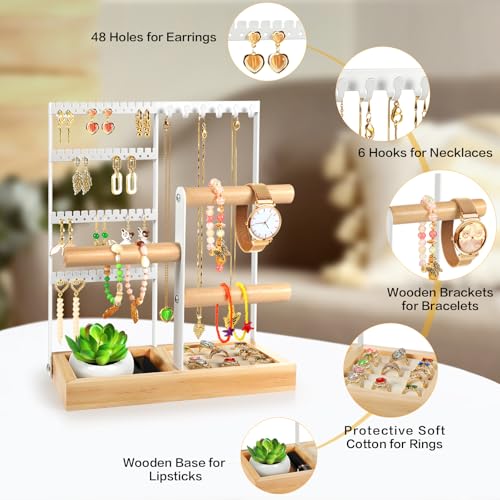 Godboat Jewelry Organizer, 4-Tier Earring Holder Organizer with 48 Holes, 6 Hooks Necklace Rack, Bracelet and Ring Stand with Wood Box, Gifts for Mothers Mom Women, Preppy Stuff & Room Decor, (White) - Image 5