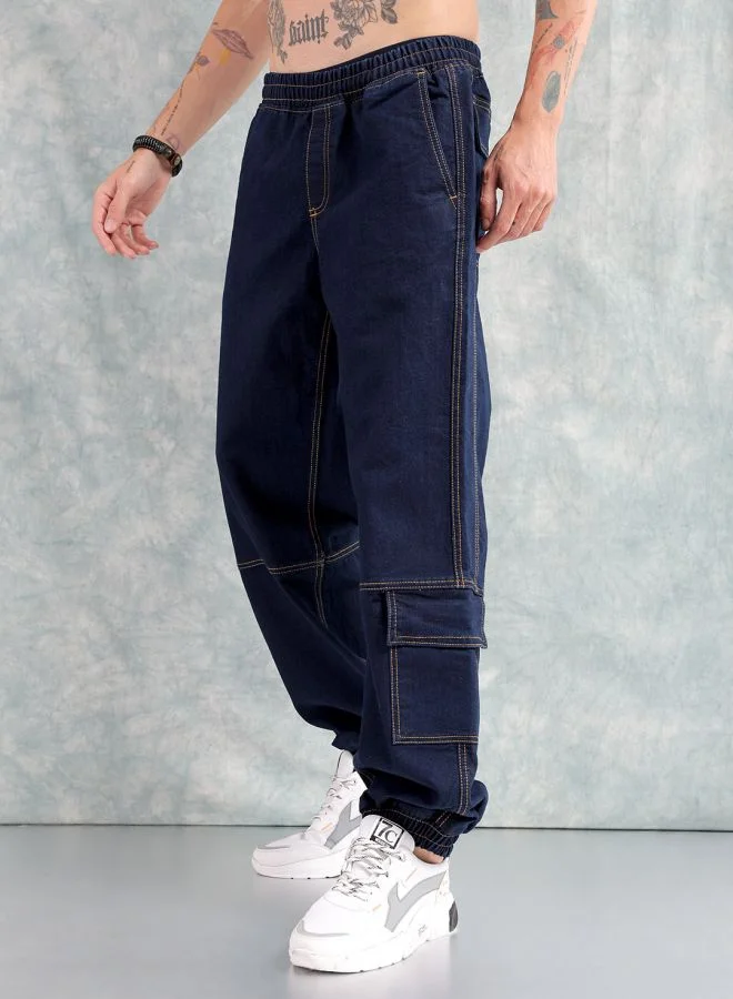 The Indian Garage Co Men Loose Fit Solid Mid-Rise Stretchable Denim Joggers