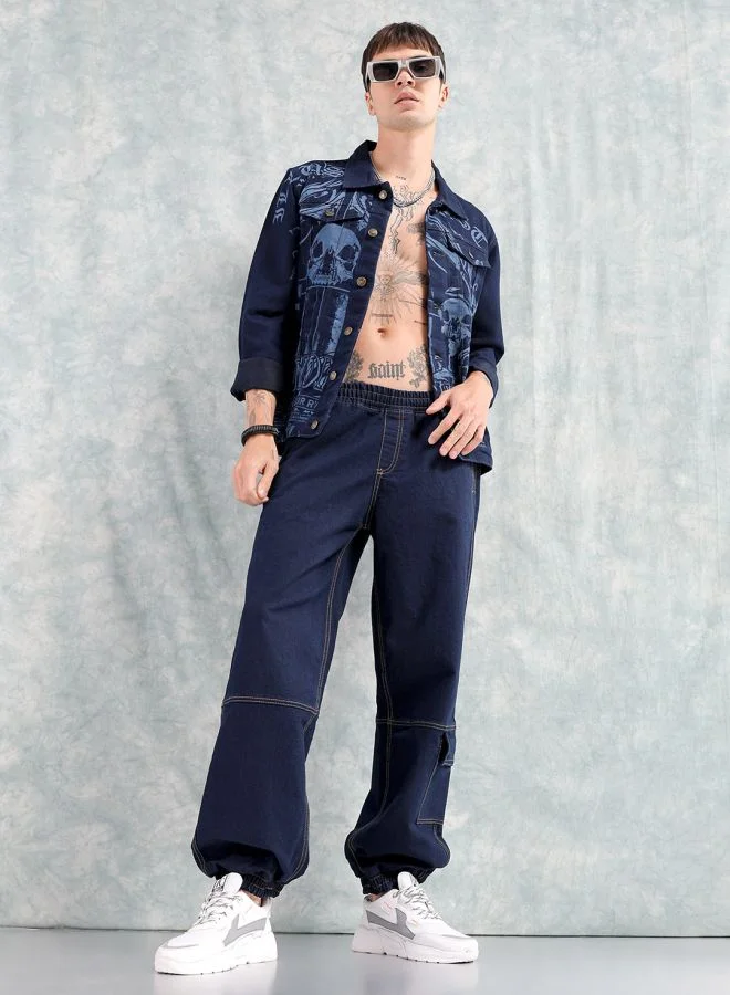 The Indian Garage Co Men Loose Fit Solid Mid-Rise Stretchable Denim Joggers