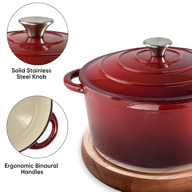 Homestic Homestic Enamel Coated Induction Base Hard Anodised Non Stick Cast Iron Dutch Oven with Lid Handles Cook Serve Dutch Oven Cast Iron Handi for Cooking Ombre Red  - Image 4