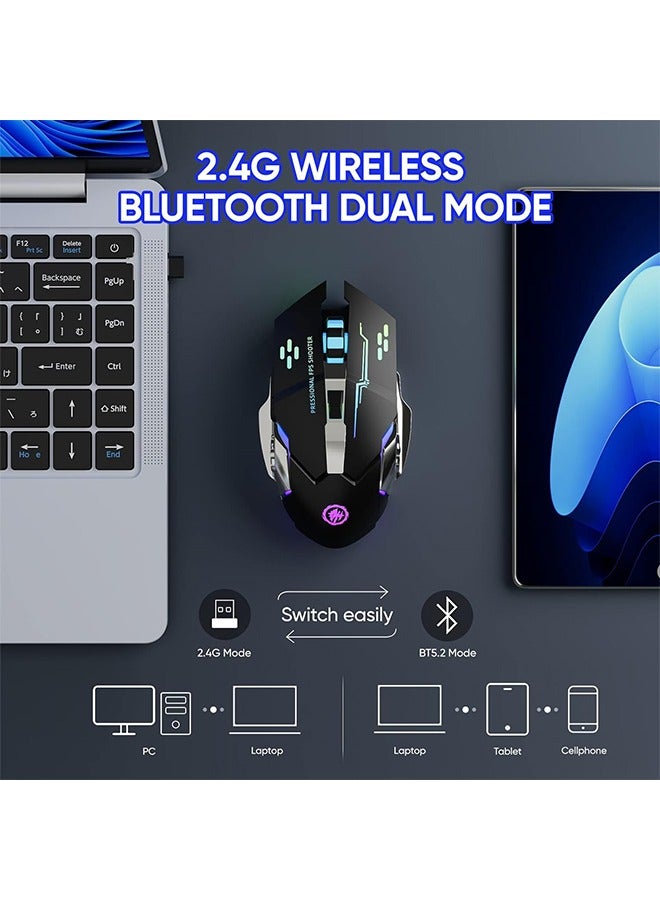 Silent Wireless Bluetooth Gaming Mouse, 2.4GHz Rechargeable Silent Bluetooth Wireless Mouse for Gaming/Work, Computer Mice with USB Receiver，7-Color Backlight, 6 Buttons，Black  - Image 2