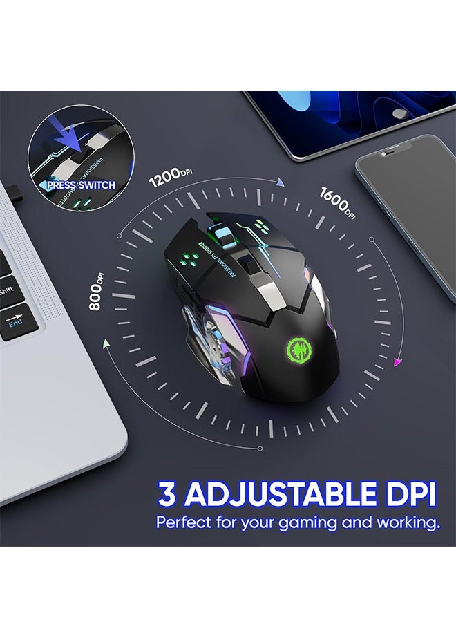 Silent Wireless Bluetooth Gaming Mouse, 2.4GHz Rechargeable Silent Bluetooth Wireless Mouse for Gaming/Work, Computer Mice with USB Receiver，7-Color Backlight, 6 Buttons，Black  - Image 4