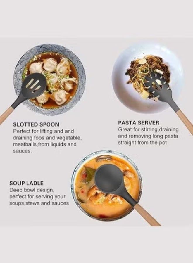 جاجيك 12-Piece Silicone & Wood Kitchen Utensils Set with Storage Pot | Non-Stick, Heat-Resistant, BPA-Free, Food Grade Cooking Tools for Home, Apartment, Restaurant & Professional Use – Grey - Image 4