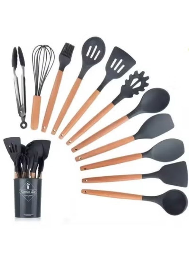 جاجيك 12-Piece Silicone & Wood Kitchen Utensils Set with Storage Pot | Non-Stick, Heat-Resistant, BPA-Free, Food Grade Cooking Tools for Home, Apartment, Restaurant & Professional Use – Grey - Image 1