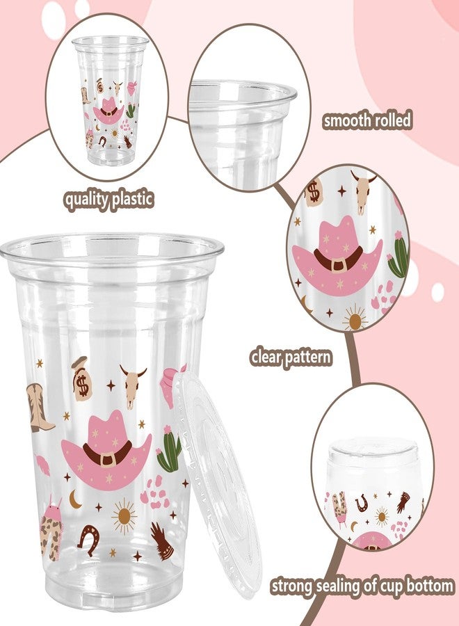 JarThenaAMCS 50Pcs Little Cowgirl Plastic Cups with Lids Straws Cowgirl Hat Boots Cactus Drinking Cup 12oz Pink Brown Western Disposable Cups for Birthday Baby Shower - Image 3