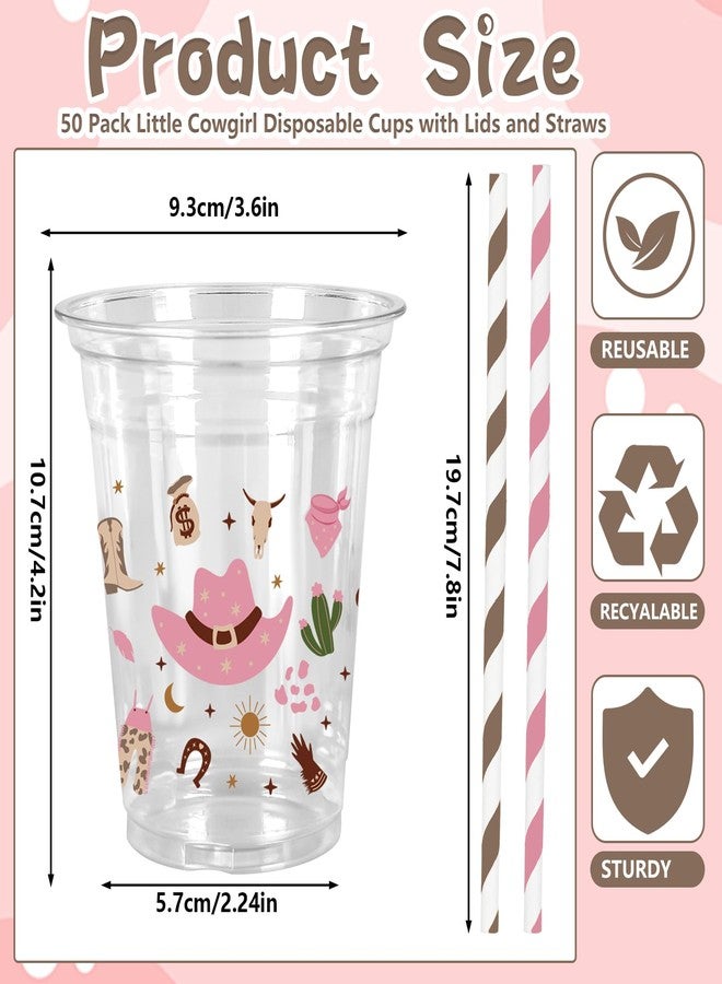 JarThenaAMCS 50Pcs Little Cowgirl Plastic Cups with Lids Straws Cowgirl Hat Boots Cactus Drinking Cup 12oz Pink Brown Western Disposable Cups for Birthday Baby Shower - Image 2