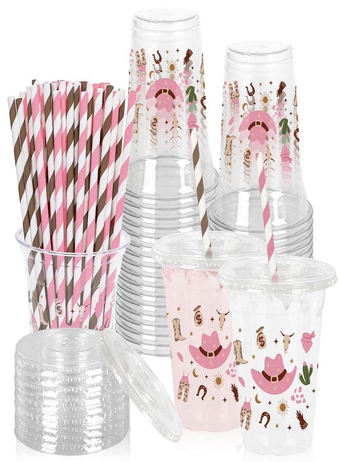 JarThenaAMCS 50Pcs Little Cowgirl Plastic Cups with Lids Straws Cowgirl Hat Boots Cactus Drinking Cup 12oz Pink Brown Western Disposable Cups for Birthday Baby Shower - Image 1