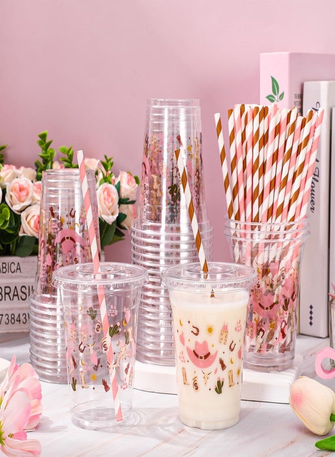JarThenaAMCS 50Pcs Little Cowgirl Plastic Cups with Lids Straws Cowgirl Hat Boots Cactus Drinking Cup 12oz Pink Brown Western Disposable Cups for Birthday Baby Shower - Image 5