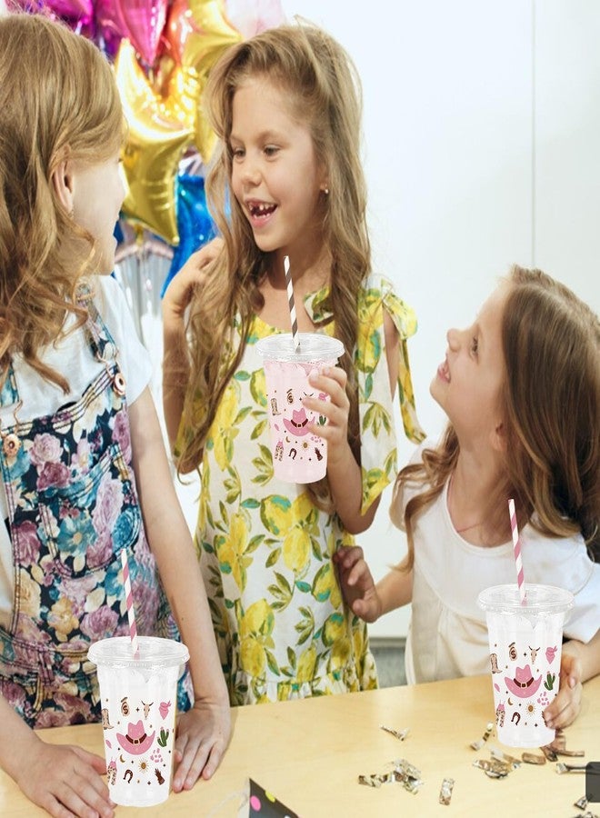 JarThenaAMCS 50Pcs Little Cowgirl Plastic Cups with Lids Straws Cowgirl Hat Boots Cactus Drinking Cup 12oz Pink Brown Western Disposable Cups for Birthday Baby Shower - Image 4