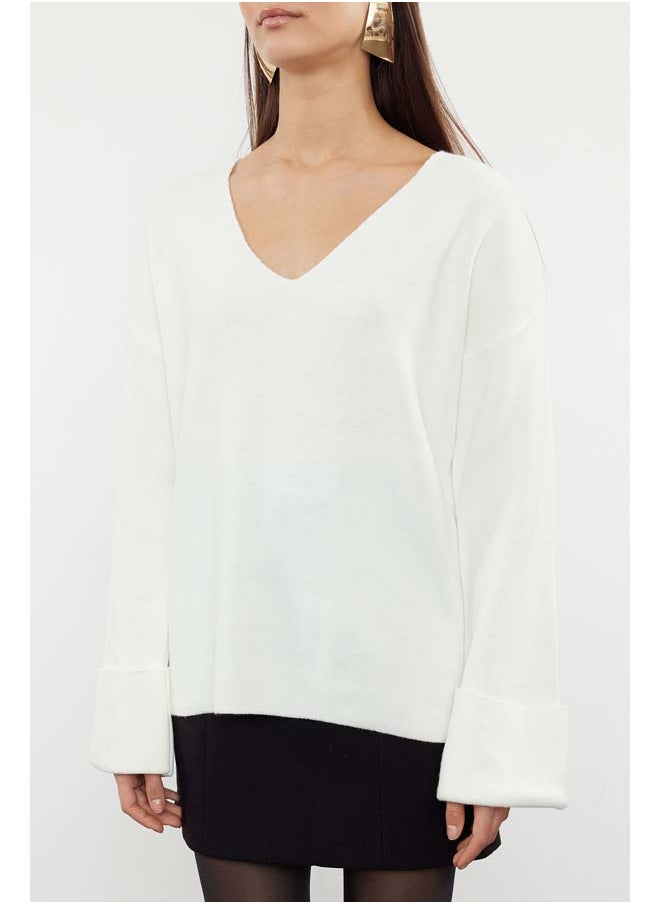 trendyol - Ecru Wide Pattern Sleeve Folded Knitwear Sweater TWOAW25KZ00090 - Image 1