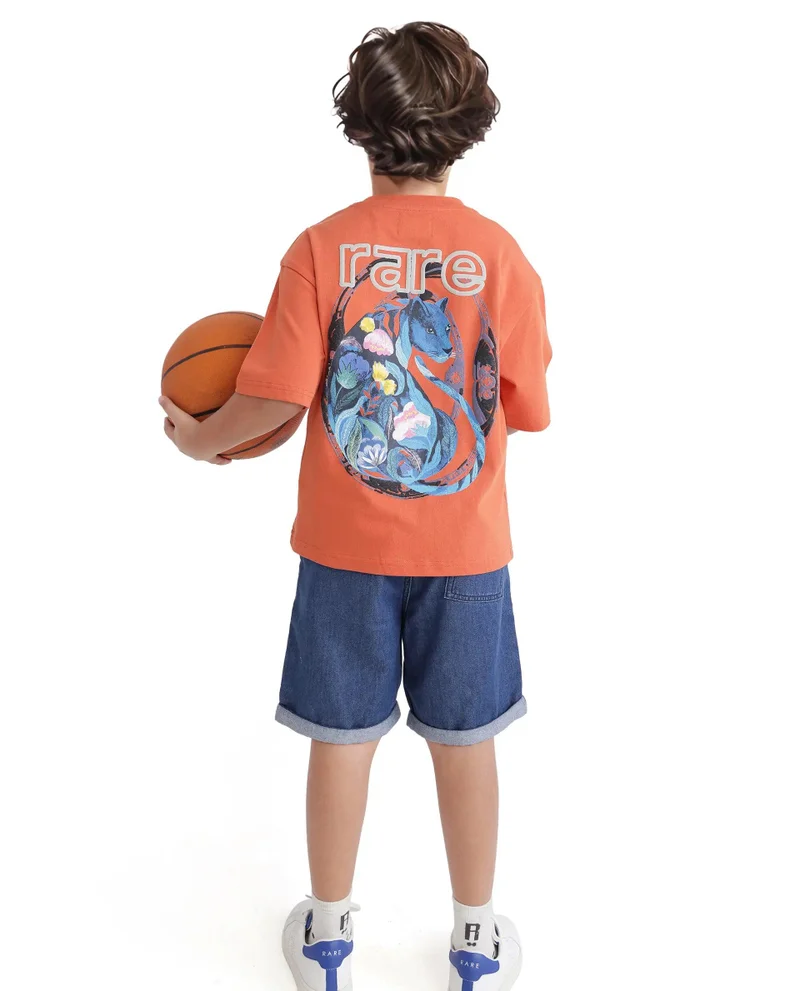 Rare Ones Rare Ones Kids Cato-K Orange Cotton Half Sleeve Slip-On Printed Boxy Fit T-Shirt