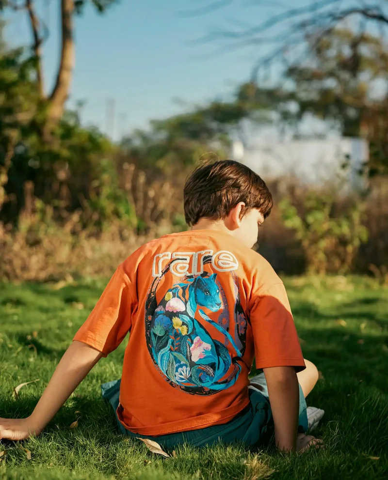 Rare Ones Rare Ones Kids Cato-K Orange Cotton Half Sleeve Slip-On Printed Boxy Fit T-Shirt