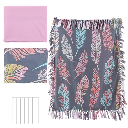 Hahafelt 3 Pcs DIY Tie Blankets Fleece Kit No Sew Blanket Kit Includes 50x60 Inch No Sew Fleece Fabric and Ruler Template DIY Throw Making for Bed CouchFeather - Image 1