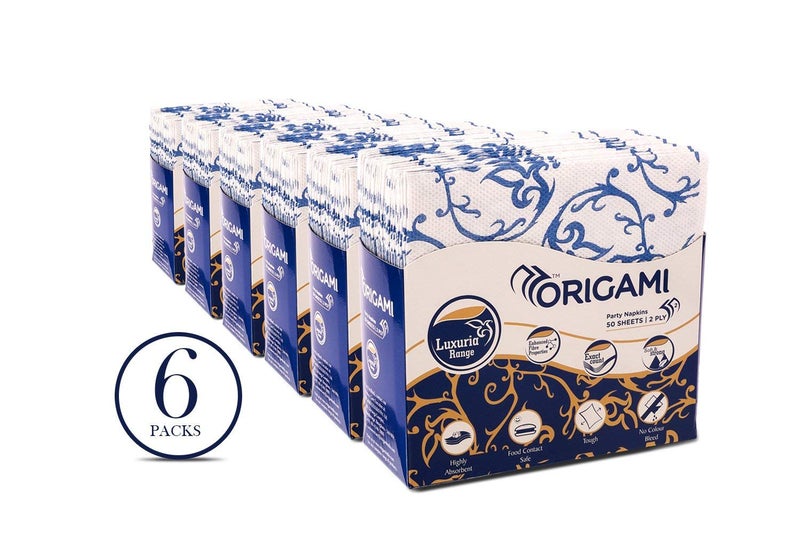 Origami 2 Ply Luxuria Printed Party Tissue Paper Napkins | Tough, Highly Absorbent & Food Contact Safe | No Color Bleed | Pack of 6 (50 Pulls Per Pack, Total 300 Sheets) - Image 2