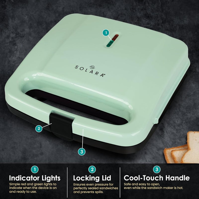 SOLARA Toaster Sandwich Maker Electric, 700 Watts Non Stick Bread Toaster 4 slices with Fixed Plates, Auto Cut Off, Easy Clean, Power Indicators, Compact Storage, Buckle Clip Handle - Aqua - Image 3