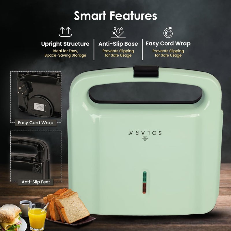 SOLARA Toaster Sandwich Maker Electric, 700 Watts Non Stick Bread Toaster 4 slices with Fixed Plates, Auto Cut Off, Easy Clean, Power Indicators, Compact Storage, Buckle Clip Handle - Aqua - Image 4