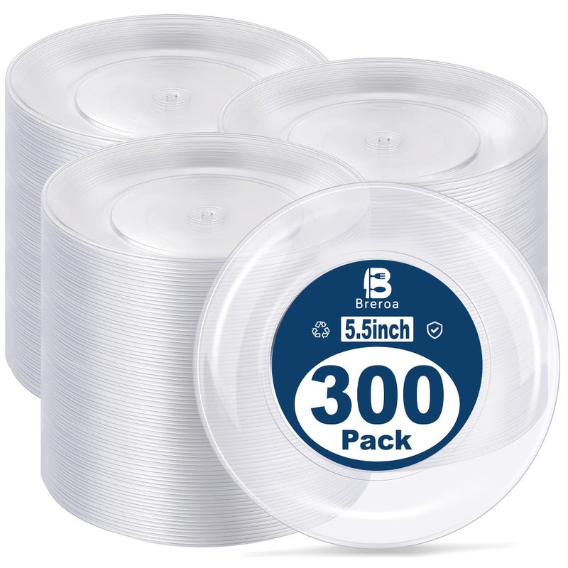 Breroa 300 Pieces Plastic Plate 55 Inch Small Round Heavy Duty Disposable Appetizer Plate Clear Cake Plates Dessert Plates for Wedding BBQ Picnic Camping Events Party Supplies