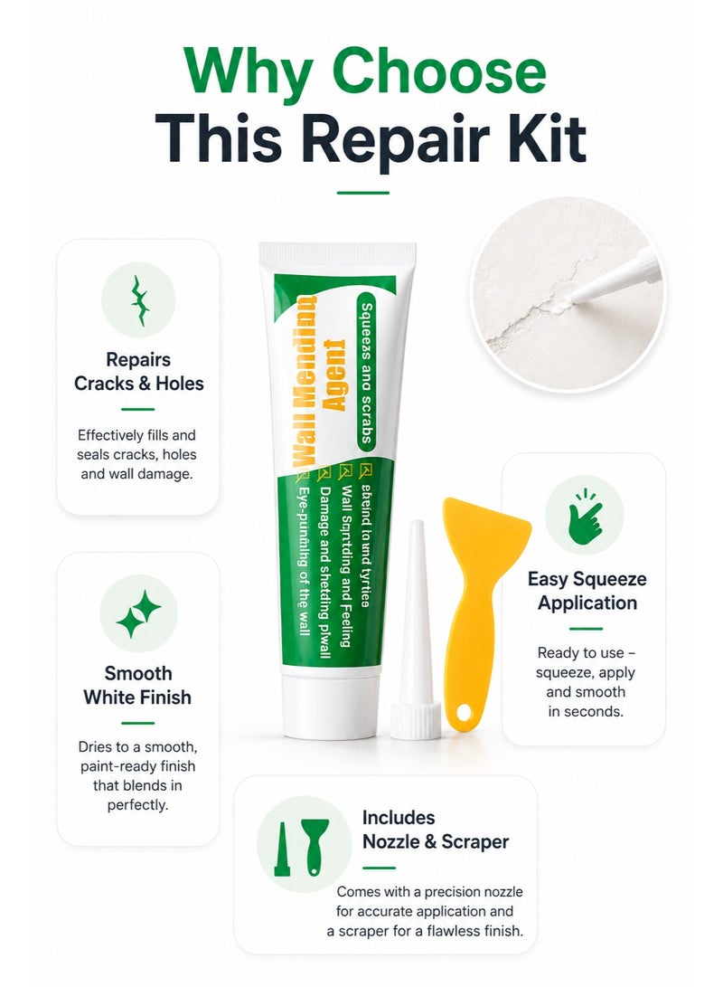 Wall Repair Cream 100g, Wall Mending Agent Crack Filler Paste with Scraper & Nozzle, Quick Dry Hole Repair Caulk - Image 4
