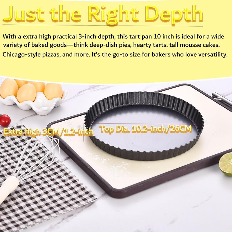 KUAYB 10 Inch Nonstick Tart Pan with Removable Bottom, Carbon Steel Quiche and Pie Pan- 1.1-Inch Depth, Fluted Edges for Baking Tarts, Quiches, Mousse Cakes, and Desserts - Image 2