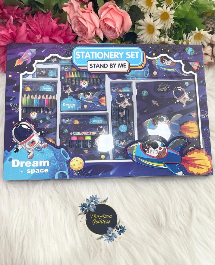 Wish key 41 Pieces Space Theme All-in-One Stationery Set Stationery Items with Pencil Box Notebook Scale Eraser Sharpener Crayons Color Pencils Color Pens Pencils Return Gift for Birthday Kids Blue 6+ - Image 5