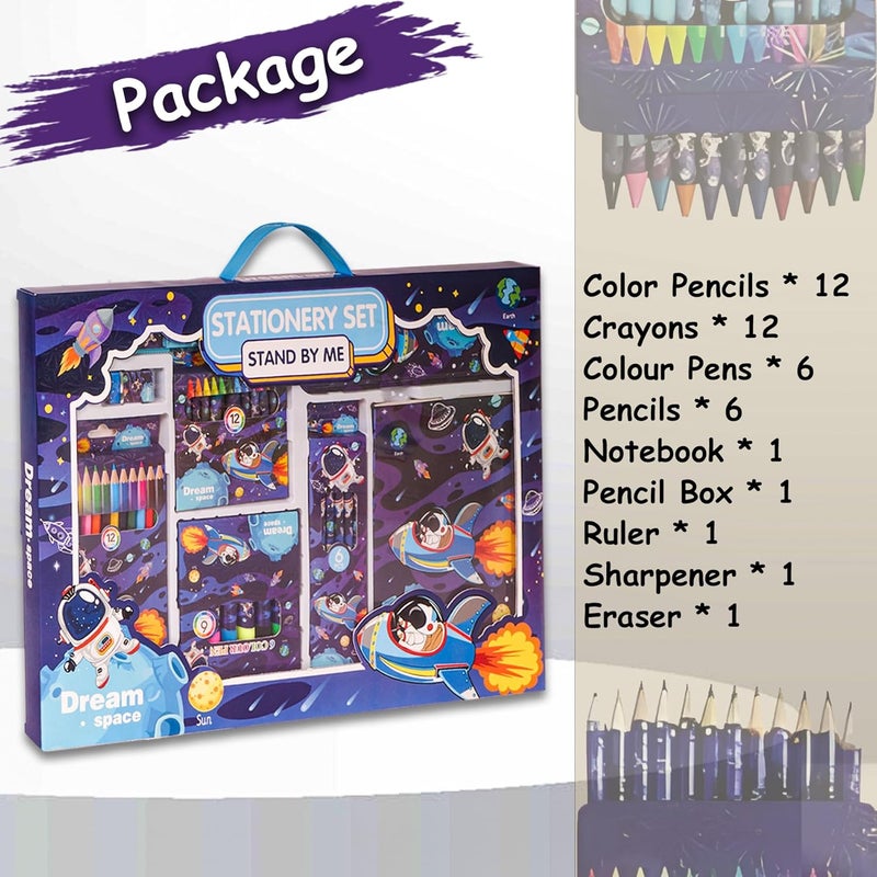 Wish key 41 Pieces Space Theme All-in-One Stationery Set Stationery Items with Pencil Box Notebook Scale Eraser Sharpener Crayons Color Pencils Color Pens Pencils Return Gift for Birthday Kids Blue 6+ - Image 2