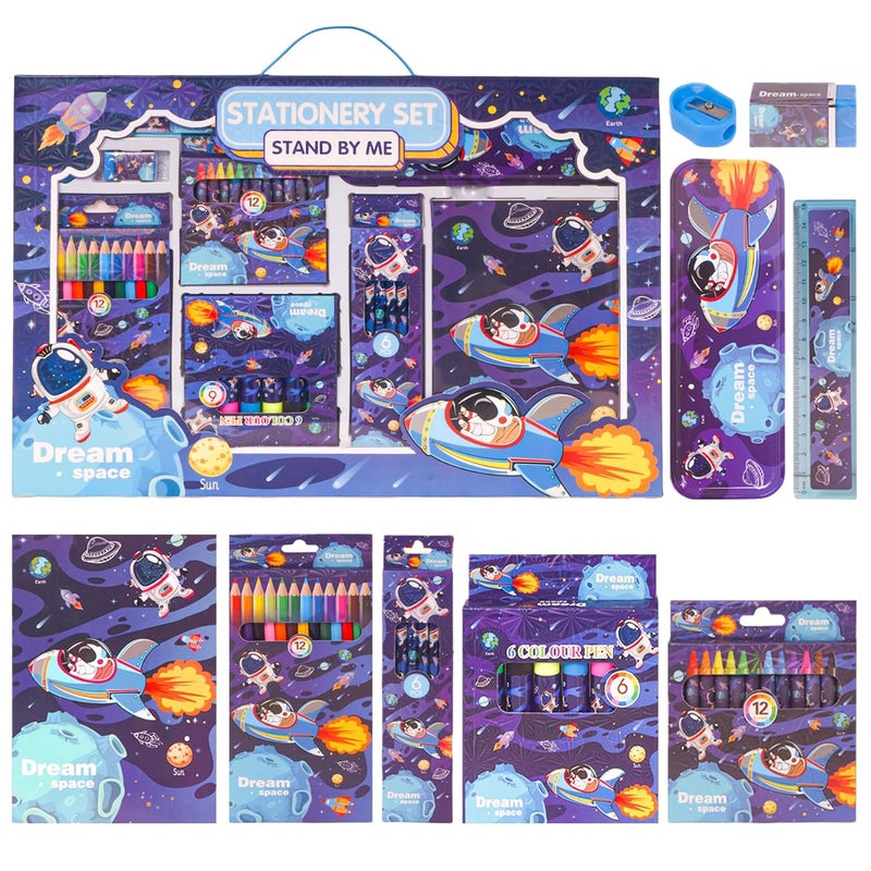 Wish key 41 Pieces Space Theme All-in-One Stationery Set Stationery Items with Pencil Box Notebook Scale Eraser Sharpener Crayons Color Pencils Color Pens Pencils Return Gift for Birthday Kids Blue 6+ - Image 1