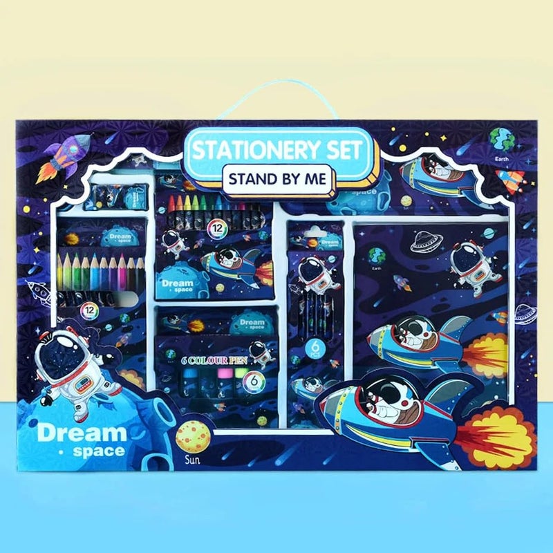 Wish key 41 Pieces Space Theme All-in-One Stationery Set Stationery Items with Pencil Box Notebook Scale Eraser Sharpener Crayons Color Pencils Color Pens Pencils Return Gift for Birthday Kids Blue 6+ - Image 3