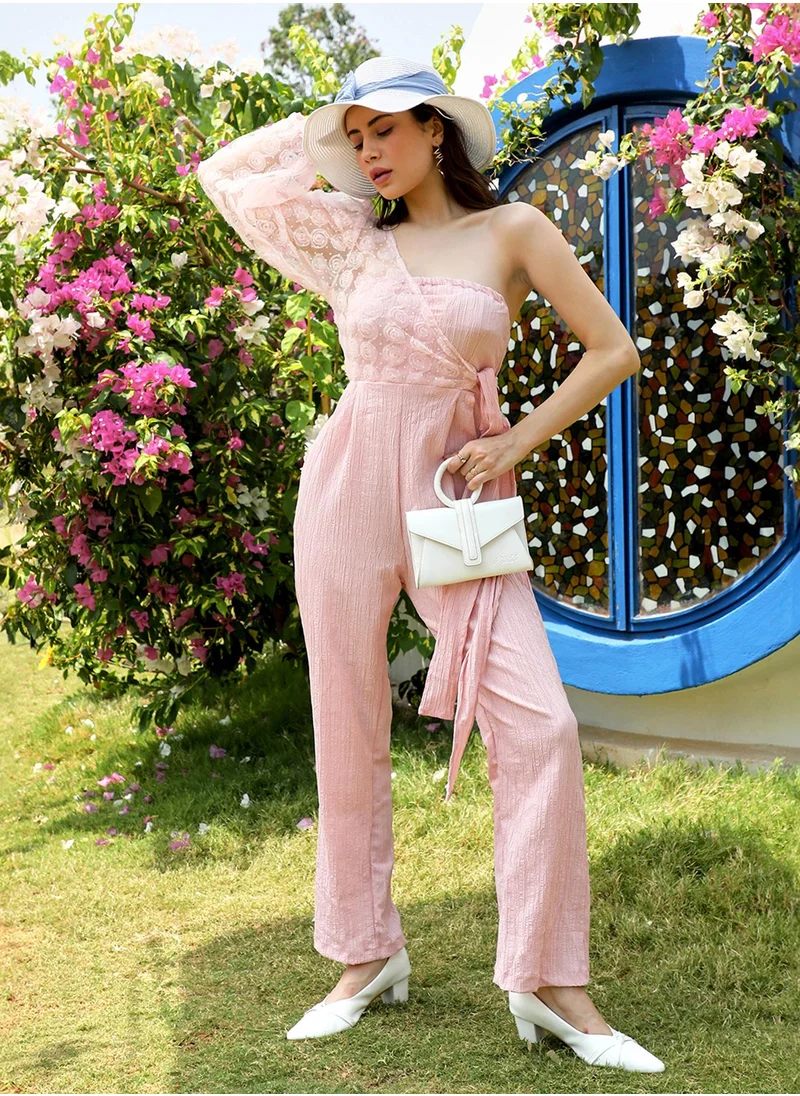 PINACOLADA Women's Baby Pink Self-Design Jumpsuit