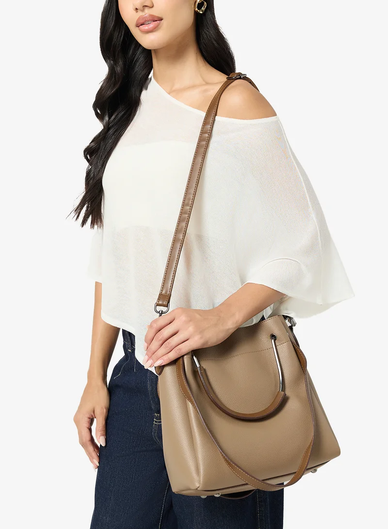 Brown Bucket Bag With Top Handle And Strap