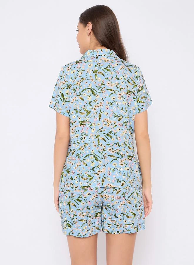Clovia Clovia Floral Print Button Down Shirt and Shorts Set
