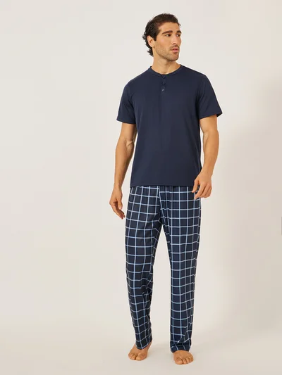 ستايلي طقم بيجامة رجالي ستايلي بياقة هينلي و كاروهات