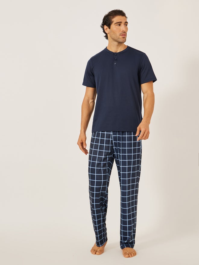 Styli Styli Unwind Solid Henley Neck T-Shirt and Checked Pyjama Set  - Image 1