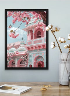 Art Decor Art Decor Pastel Blue Pink Indian Palace Poster Art with Cherry Blossoms Architecture Framed Wall Art Traditional Design for Living Room Bedroom Office Home Decoration Gifting  - Image 1