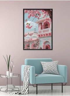 Art Decor Art Decor Pastel Blue Pink Indian Palace Poster Art with Cherry Blossoms Architecture Framed Wall Art Traditional Design for Living Room Bedroom Office Home Decoration Gifting  - Image 2