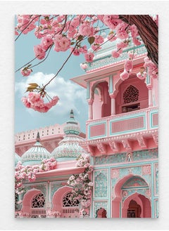 Art Decor Art Decor Pastel Blue Pink Indian Palace Poster Art with Cherry Blossoms Architecture Framed Wall Art Traditional Design for Living Room Bedroom Office Home Decoration Gifting  - Image 3