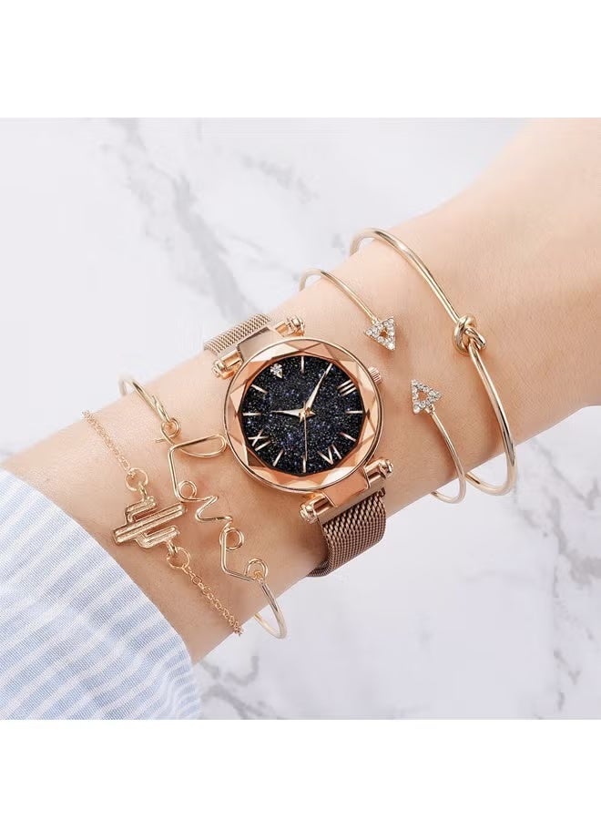 Star Roman Style Magnetic Buckle Quartz Watch Plus LOVE Bracelet Set Adjustable Magnetic Closure Ideal for Women’s Daily Wear Parties and as a Perfect Gift - Image 4