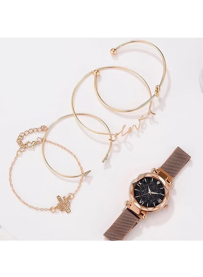 Star Roman Style Magnetic Buckle Quartz Watch Plus LOVE Bracelet Set Adjustable Magnetic Closure Ideal for Women’s Daily Wear Parties and as a Perfect Gift - Image 3