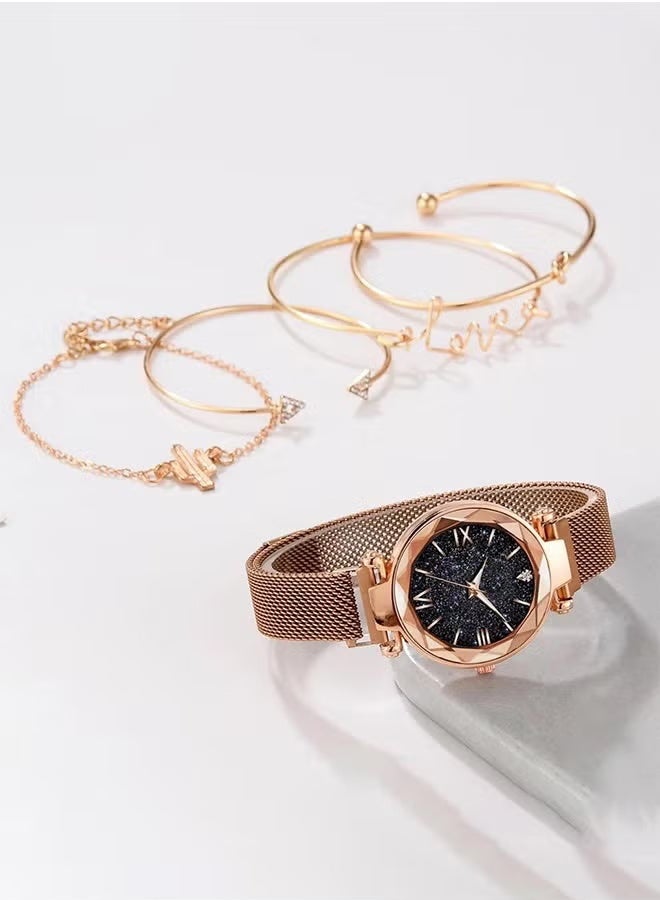 Star Roman Style Magnetic Buckle Quartz Watch Plus LOVE Bracelet Set Adjustable Magnetic Closure Ideal for Women’s Daily Wear Parties and as a Perfect Gift - Image 2