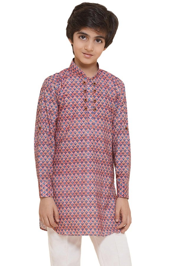 AJ DEZINES Kids Cotton Blend Printed Kurta Pyjama Set For Boys - Pink - Image 1